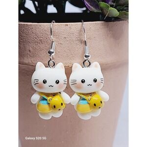 Handmade White Cat with Yellow Bear Bag Resin Drop Earrings Silver Tone Hooks